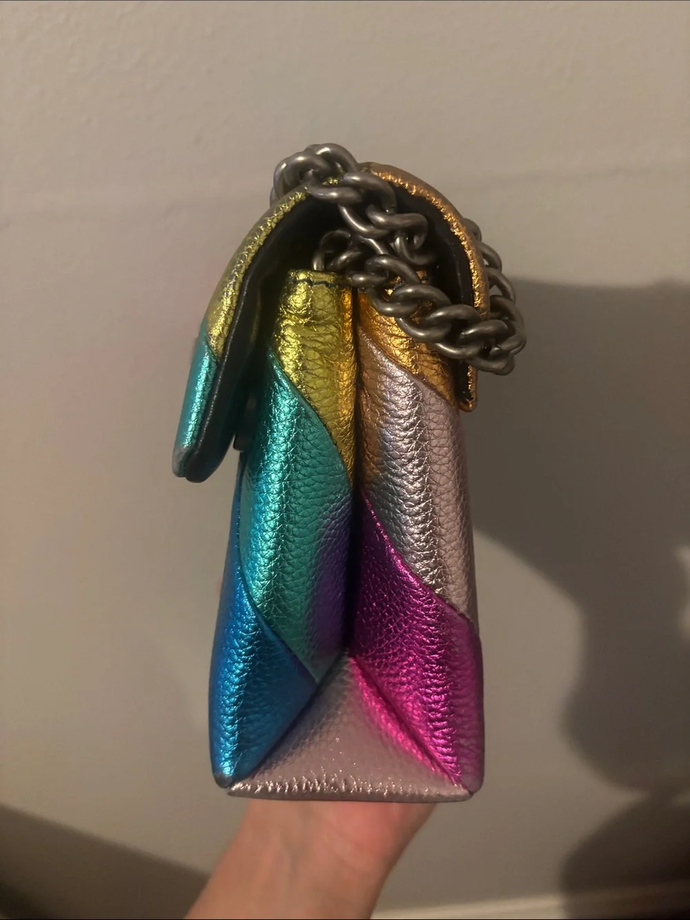 Kurt Geiger Metallic Rainbow Leather Shoulder Bag in Pink, Purple, Blue, Green